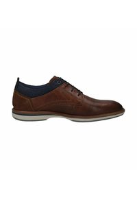 Braune Leder-Dressschuhe mit strukturiertem Oberflächenmaterial, marineblauen Textilakzenten und einer weißen Gummisohle. Verfügt über ein klassisches Schnürdesign.