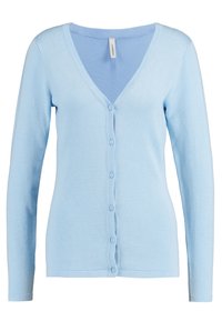 Světle modrý cardigan vyrobený z měkké pleteniny, s výstřihem do V, dlouhými rukávy a předním zapínáním na šest knoflíků.