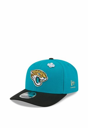Türkis-schwarze Snapback-Cap mit fauchendem Jaguar-Logo, NFL Draft 2021 Pin vorne und New Era-Logo an der Seite.