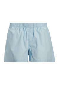 Light blue cotton boxer shorts with elastic waistband and loose fit, shown flat on a white background.