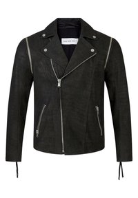 Černá kožená motorkářská bunda s diagonálním zapínáním na zip, několika zipy, patentkami a bočními kapsami. Hladká textura se strukturovaným designem.