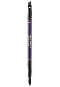 Zweiseitiger Makeup-Pinsel mit einer schwarzen, spitzen Borstenfarbe und einem schrägen Pinselkopf, der einen lila Griff mit goldener Schrift aufweist.