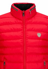 Rote isolierte Jacke mit puffigem Design, hohem Kragen und Reißverschluss vorne. Verfügt über ein schwarzes Innenfutter und ein Markenlogo auf der Brust.