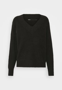 Pull noir en tricot avec col en V, manches longues et texture côtelée. Design court sans accents ni motifs notables.