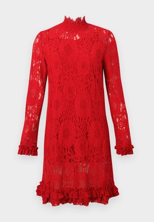 Rotes Spitzenkleid mit hohem Kragen, langen Ärmeln, floralem Muster sowie Rüschensaum und -ärmeln. Verfügt über eine durchsichtige Textur und ein aufwändiges Design.