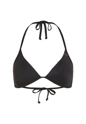 Top bikini nero con design triangolare, si lega al collo e alla schiena, realizzato in tessuto liscio, con cuciture sottili e un dettaglio del logo.