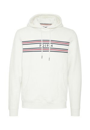 White hoodie with a front kangaroo pocket, featuring navy and red horizontal stripes and “FQ1924” printed in the center. Textured fabric.