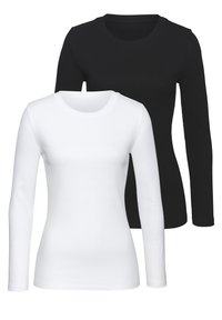 Zwei Langarm-T-Shirts: eines in Weiß und eines in Schwarz. Beide haben einen runden Halsausschnitt und bestehen aus geripptem Baumwollstoff.