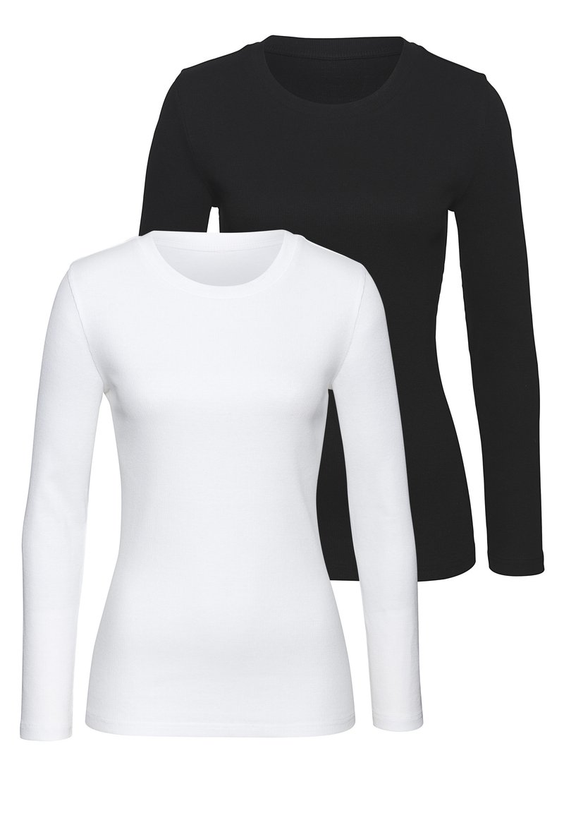 Zwei Langarm-T-Shirts: eines in Weiß und eines in Schwarz. Beide haben einen runden Halsausschnitt und bestehen aus geripptem Baumwollstoff.