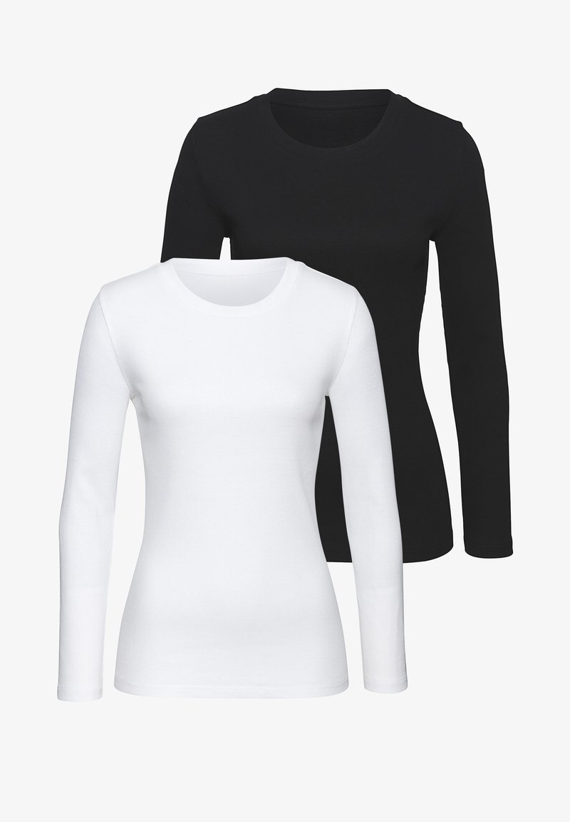 Zwei Langarm-T-Shirts: eines in Weiß und eines in Schwarz. Beide haben einen runden Halsausschnitt und bestehen aus geripptem Baumwollstoff.