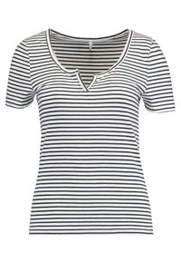 T-shirt à rayures à manches courtes en blanc et marine, avec un col arrondi et un petit détail en encochant, et une silhouette ajustée. Mélange de coton doux.