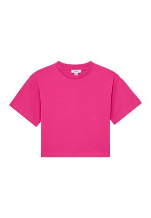 Lyserød, kortærmet, cropped t-shirt med rund halsudskæring og synlig størrelseslabel inde i kraven.