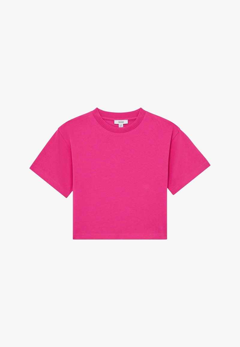 T-shirt court à manches courtes de couleur rose vif avec un col rond et une étiquette de taille visible à l'intérieur du col.