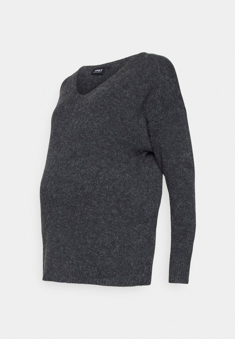 Dunkelgrauer Stillpullover mit langen Ärmeln und V-Ausschnitt, aus weich strukturiertem Strick, auf einem weißen Hintergrund präsentiert.