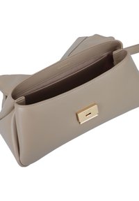 Beige leather handbag featuring a smooth texture, triangular shape, and a gold-tone hardware accent on the front. Interior is lined in a light color.
