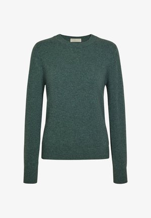 Green knitted sweater with a round neckline, long sleeves, and ribbed cuffs and hem. Soft texture, medium thickness, casual fit.