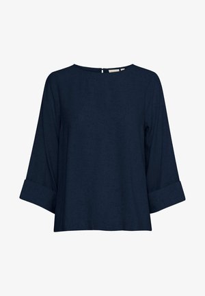 Laivastonsininen, kevyt pusero, jossa on pyöreä kaula-aukko, kolmannespituiset hihat, joissa on käännetyt hihansuut, sekä hienovarainen teksituuri.