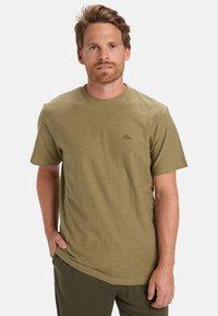 Olive green short-sleeve t-shirt made of lightweight, textured fabric. Features a small logo on the chest and a round neckline.