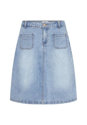 Denim krilo v svetlo modri barvi, z razširjenim krojem, dvema zadnjima žepoma s valovitimi robovi in sprednjim gumbom za zapiranje. Gladka tekstura.