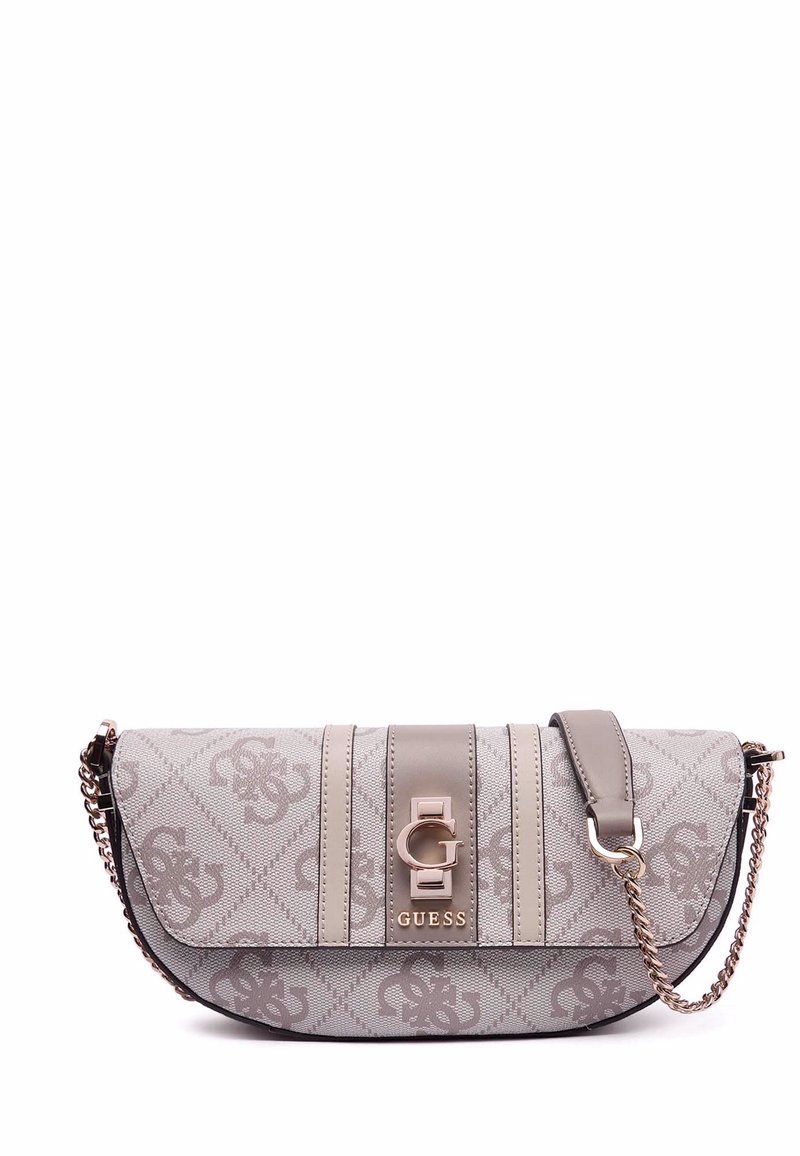 Borsa a spalla in tessuto grigio con tracolla a catena, caratterizzata da un dettaglio con logo, design a righe e chiusura a pattina. Texture a motivo su tutta la superficie.