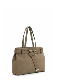 Borsa a tote in pelle sintetica beige con una forma strutturata, doppi manici, un dettaglio a cintura e un accento metallico. Texture liscia, design minimalista.