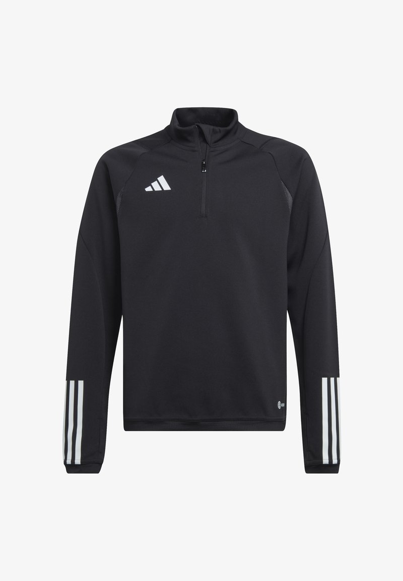 Pullover atletico nero con colletto a mezza zip, caratterizzato da accenti bianchi a tre strisce sulle maniche e una texture di tessuto liscia e morbida.