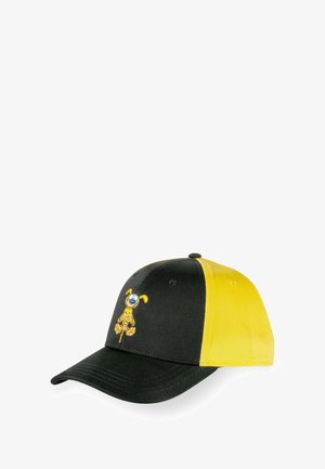 Casquette noire et jaune avec une visière courbée, arborant un chien de dessin animé brodé en jaune sur le devant. Le tissu a une texture lisse.