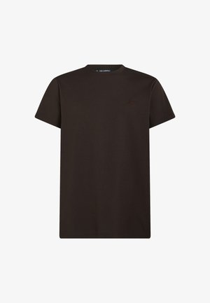 Mörkbrun kortärmad T-shirt med rund halsringning och diskret broderad logotyp på övre vänstra bröstet.