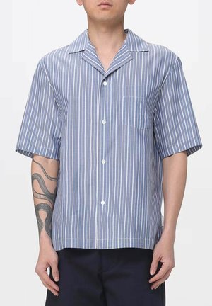 Uomo che indossa una camicia a maniche corte con bottoni, a righe verticali blu e bianche, con colletto e taschino sul petto, con tatuaggio visibile sull'avambraccio sinistro.