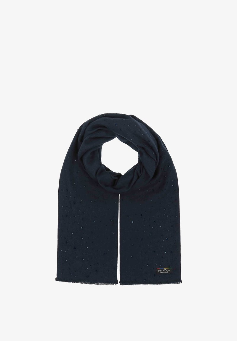 Mörkblå scarf i mjukt tyg, med en subtil textur och små blänkande detaljer samt fransade ändar. Logotyp på sidan.