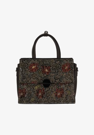 Geborduurde handtas met bloemmotieven in donkere tinten, voorzien van een gestructureerd ontwerp, dubbele handvatten en een magnetische sluiting aan de voorkant.