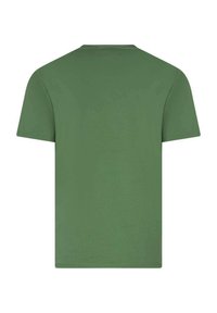 T-shirt in cotone verde oliva, maniche corte, collo rotondo, tessuto morbido, colore uniforme, la vista posteriore non mostra etichette o grafiche.