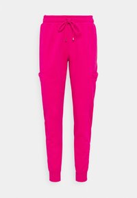 Pantaloni da jogging rosa brillante con vita regolabile, tasche laterali e orli svasati. Realizzati in materiale morbido con una consistenza liscia.