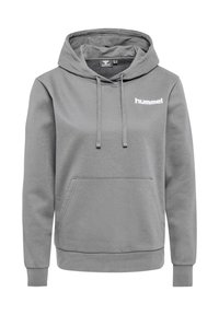 Grå hoodie i mjukt material, med en framficka i känguru-stil, dragsko i huvan och en vit "hummel"-logotyp på vänster bröst.