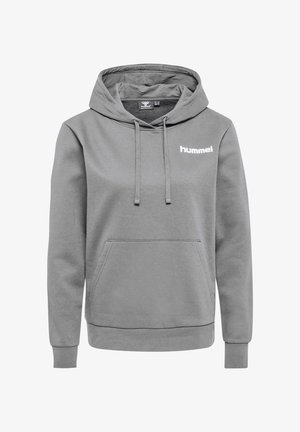 Haut à capuche gris en tissu doux, doté d'une poche kangourou à l'avant, d'une capuche avec cordon de serrage, et d'un logo "hummel" blanc sur la partie gauche de la poitrine.