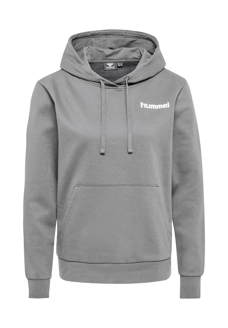 Grå hoodie i mjukt material, med en framficka i känguru-stil, dragsko i huvan och en vit "hummel"-logotyp på vänster bröst.