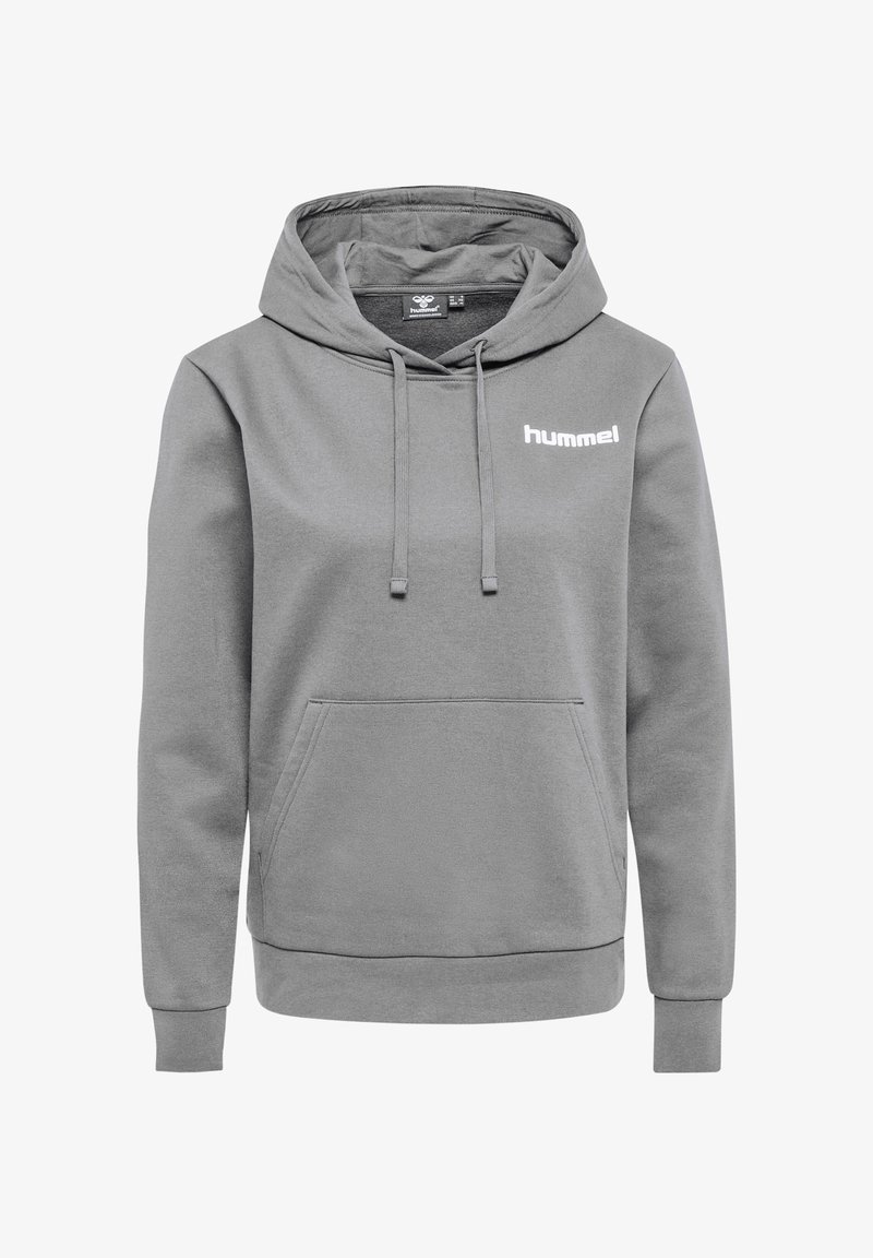 Grå hoodie i mjukt material, med en framficka i känguru-stil, dragsko i huvan och en vit "hummel"-logotyp på vänster bröst.