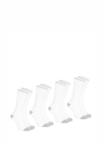 Cinq paires de chaussettes en coton blanc avec un accent gris au niveau du talon et des orteils. Le design est de longueur cheville avec une texture côtelée.