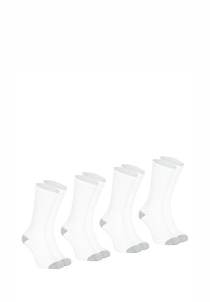 Cinq paires de chaussettes en coton blanc avec un accent gris au niveau du talon et des orteils. Le design est de longueur cheville avec une texture côtelée.