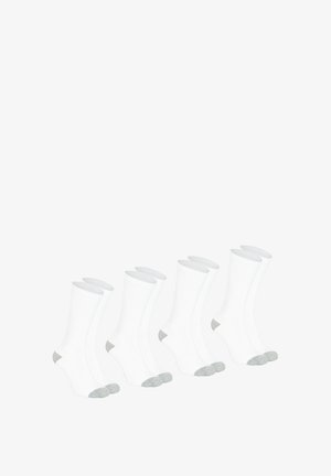 Cinq paires de chaussettes en coton blanc avec un accent gris au niveau du talon et des orteils. Le design est de longueur cheville avec une texture côtelée.