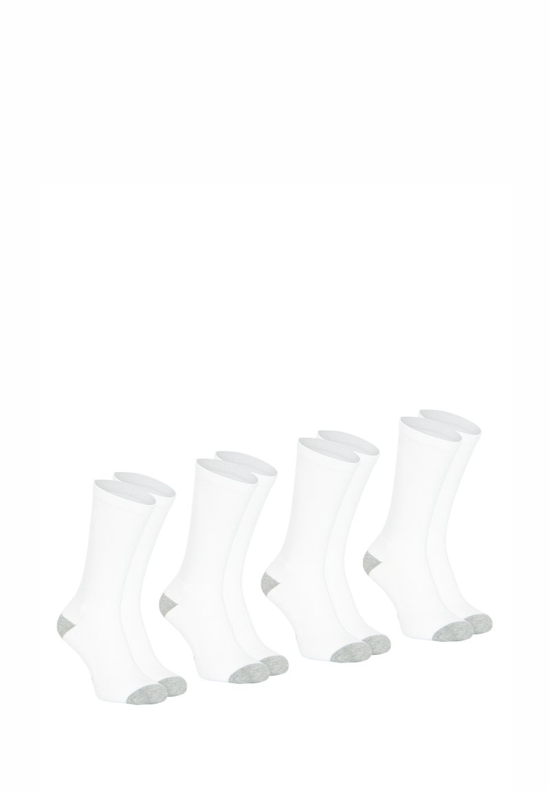 Cinq paires de chaussettes en coton blanc avec un accent gris au niveau du talon et des orteils. Le design est de longueur cheville avec une texture côtelée.