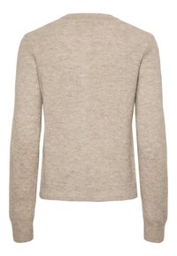 Pull en maille beige à manches longues avec col rond, poignets et ourlet côtelés, vu de dos.
