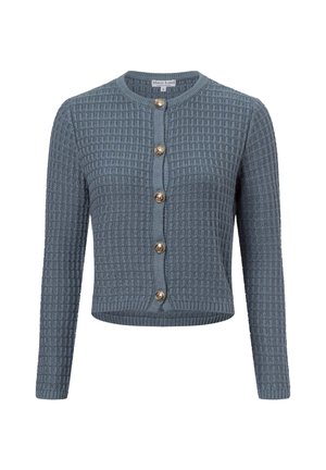 Blue knitted cardigan featuring a textured pattern, round neckline, and five gold-tone buttons down the front. Long sleeves, cropped fit.