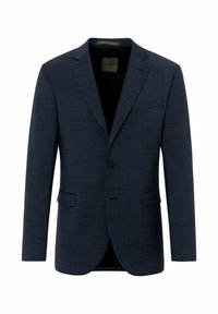 Dunkelblauer Einreiher für Herren mit Reverskragen, zwei vorderen Leistentaschen, einer Brusttasche und einem einzelnen schwarzen Knopfverschluss.