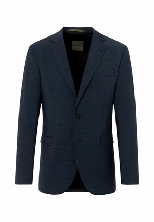 Dunkelblauer Einreiher für Herren mit Reverskragen, zwei vorderen Leistentaschen, einer Brusttasche und einem einzelnen schwarzen Knopfverschluss.