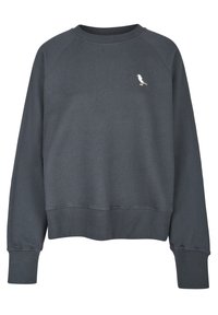 Felpa grigia in misto cotone, con collo a giro, polsini a costine e un piccolo ricamo di un uccellino bianco sul lato sinistro del petto.