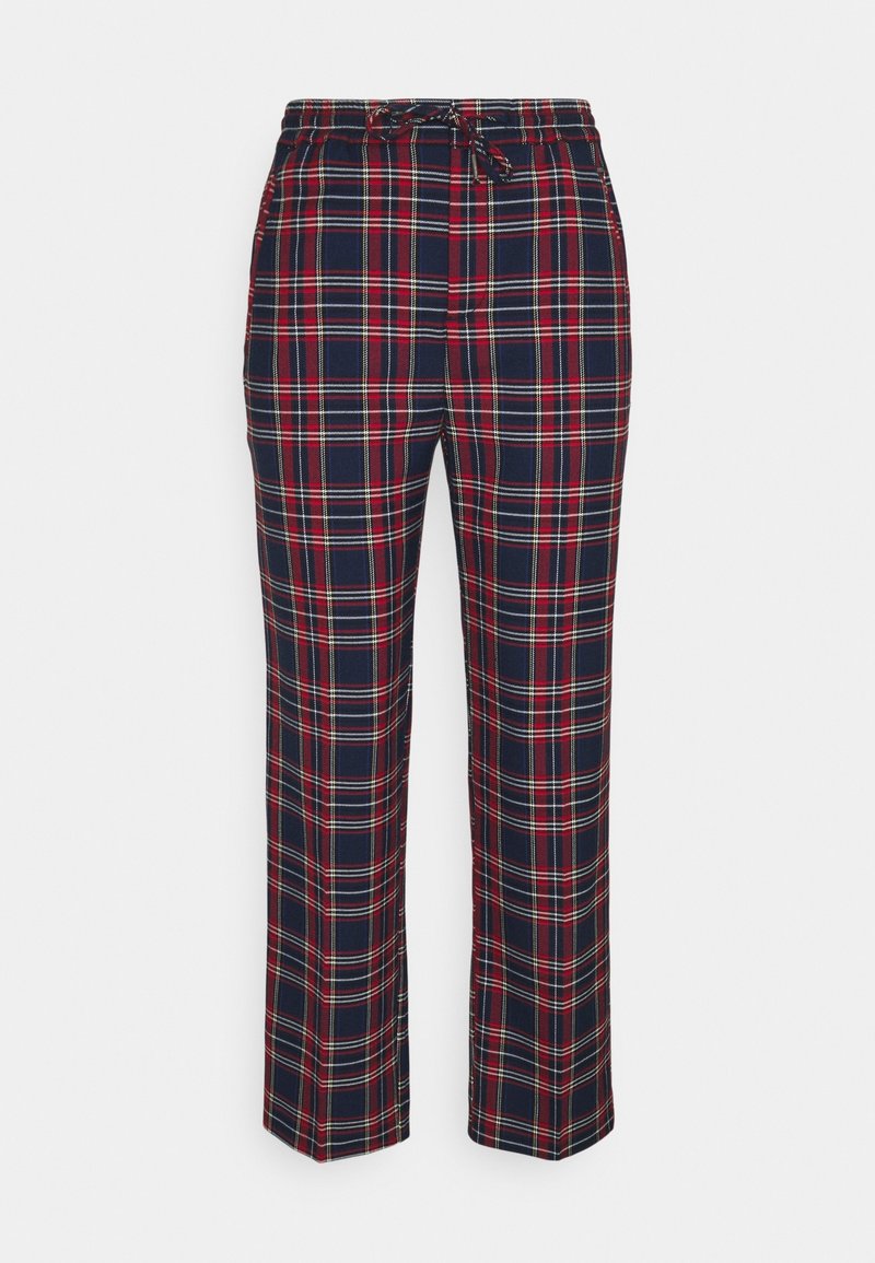 Pantalon de pyjama à carreaux bleu marine et rouge avec des rayures blanches, une ceinture élastique et une fermeture à cordon.