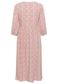 Tampak belakang dari gaun lengan panjang yang panjangnya hingga pergelangan kaki, dengan pola bunga berwarna pink, merah, dan biru muda di atas latar belakang putih.