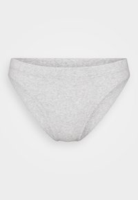 Grå bomullsbikiniundertøy med en glatt tekstur, lav midje og minimalistisk design. Ingen mønstre eller detaljer synlige.