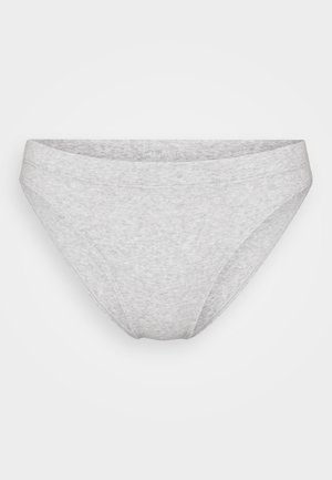 Grå bomullsbikiniundertøy med en glatt tekstur, lav midje og minimalistisk design. Ingen mønstre eller detaljer synlige.